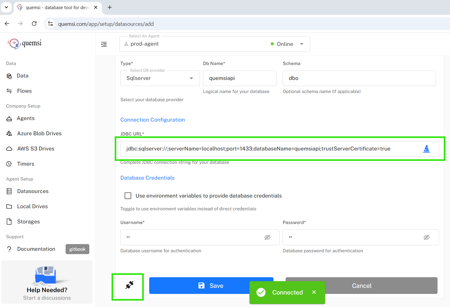 Testing connection in Quemsi