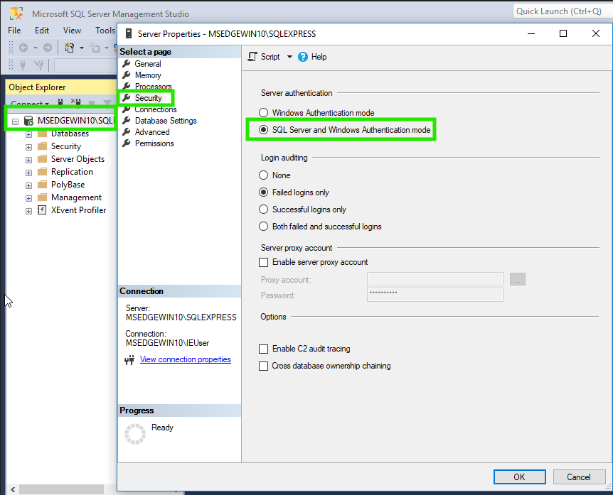 Enabling SQL Server and Windows Authentication mode